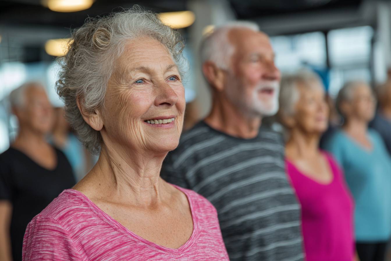Група старших людей під час фітнес-заняття з тренером