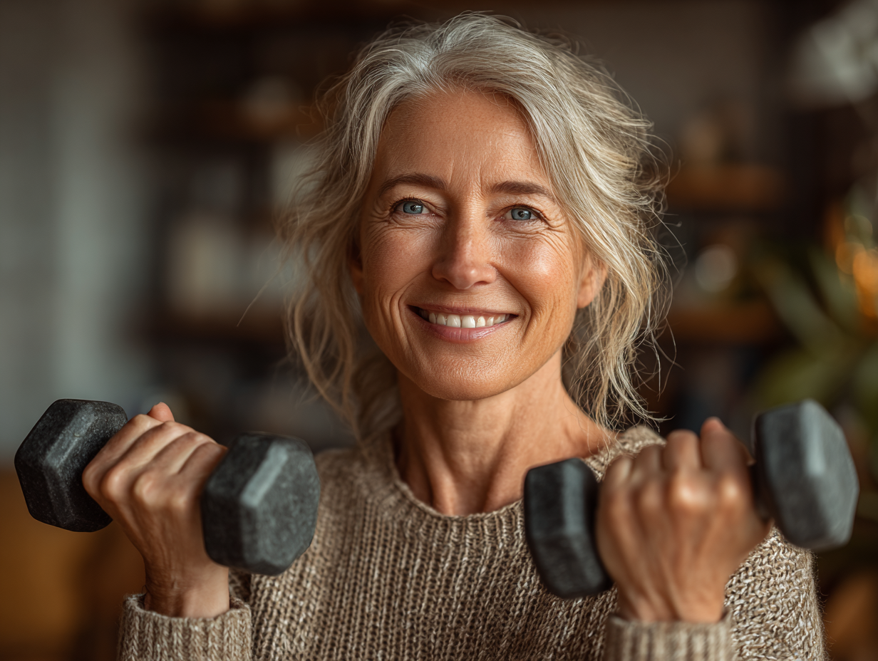 Жінка виконує вправи з гантелями у спортивному залі